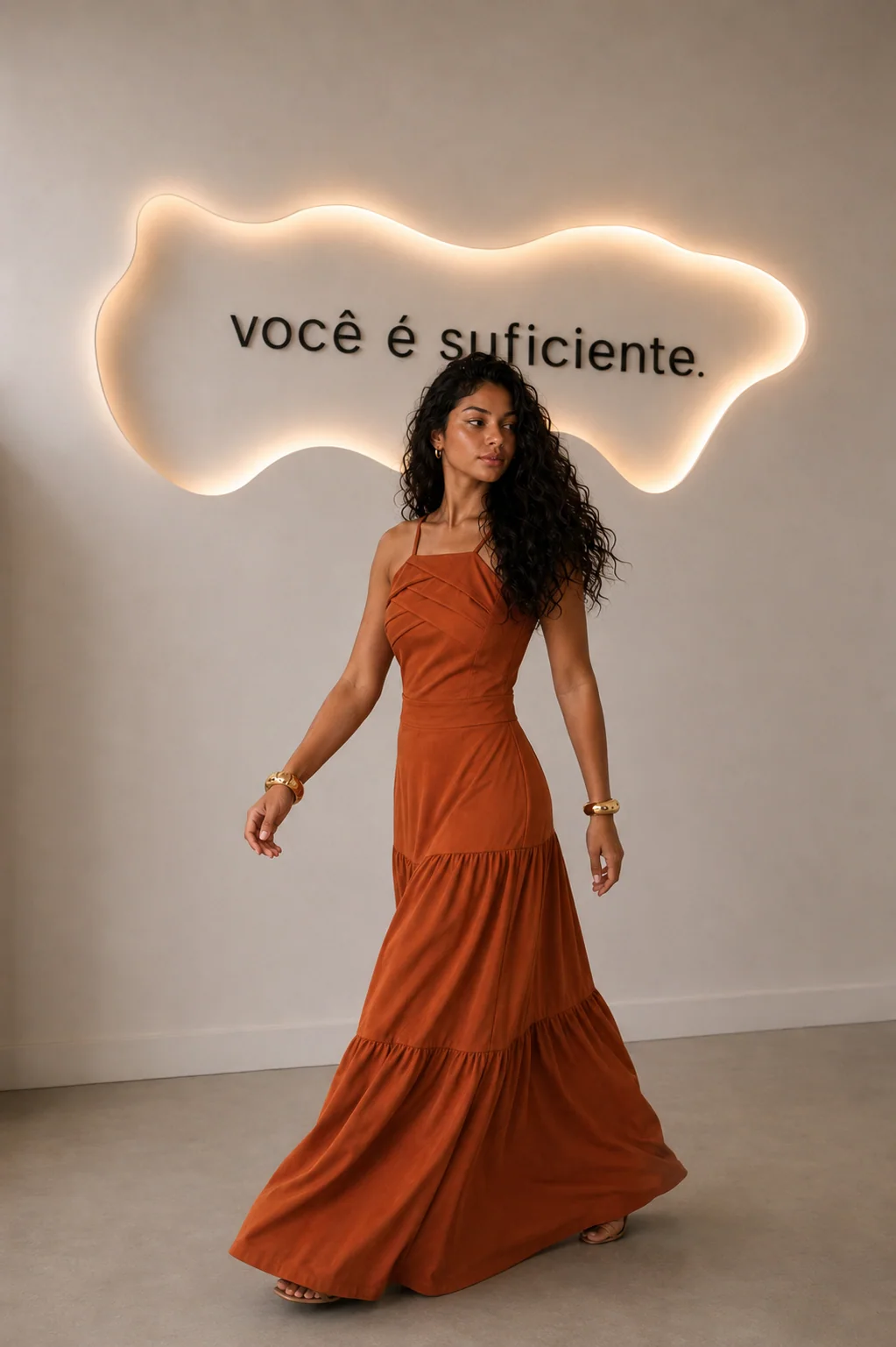 Modelo em movimento com vestido terracota