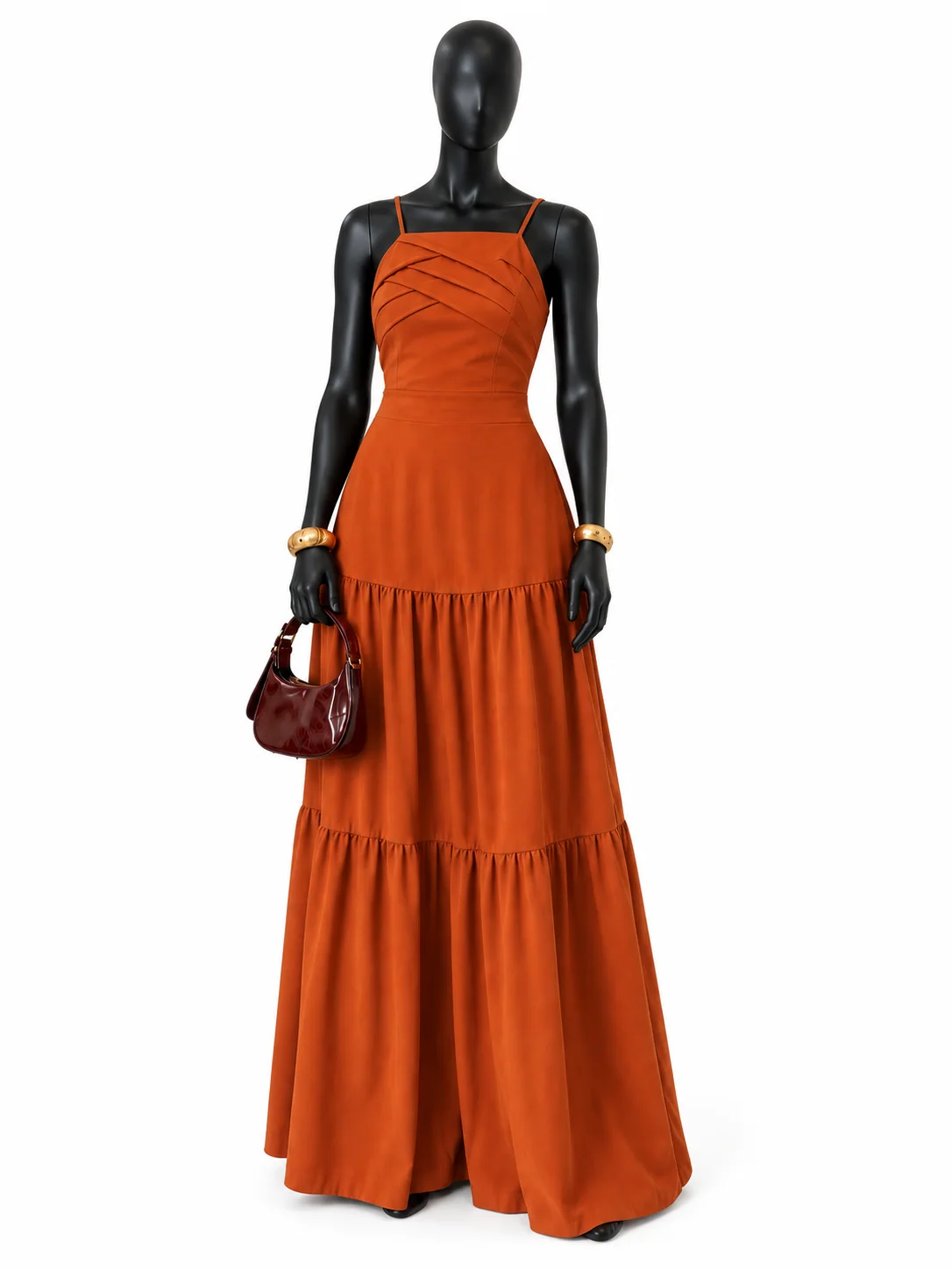 Vestido longo terracota em manequim preto